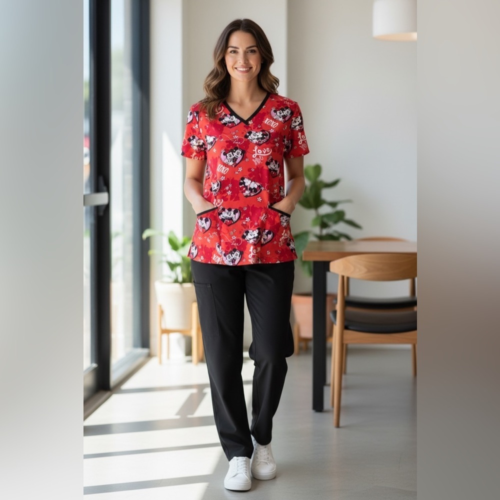 Disney Minnie Mickey Valentine Scrub Top L Red Love XOXO Nurse